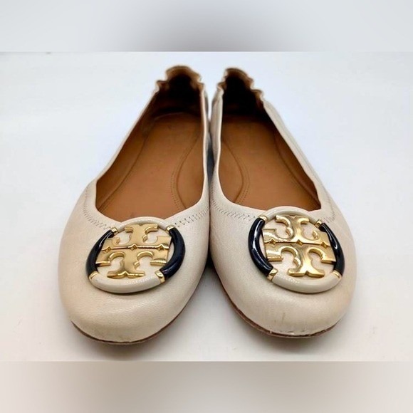Tory Burch Eleanor Ballet Flats Cream Leather Gold Logo Round Toe Women 8.5M